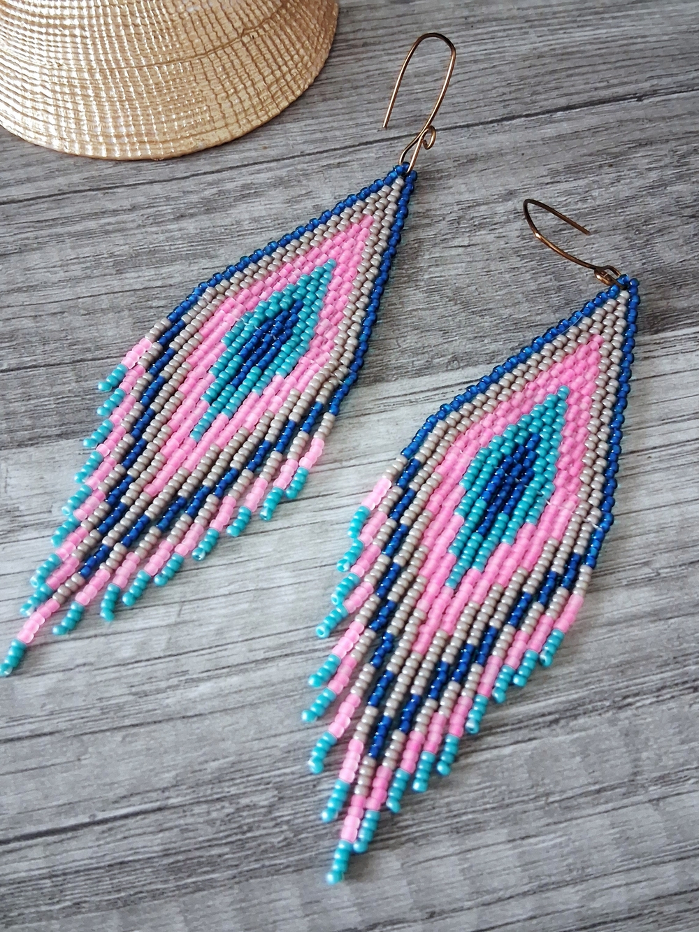 Boho Pink & Blue Seed Bead Fringe Earrings, 5.5" - Picture 6 of 8